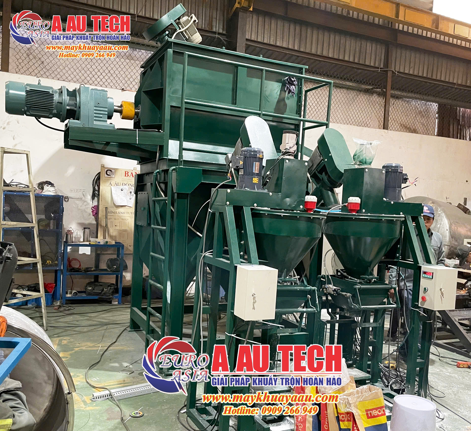 Máy trộn 2 tầng kèm đóng bao