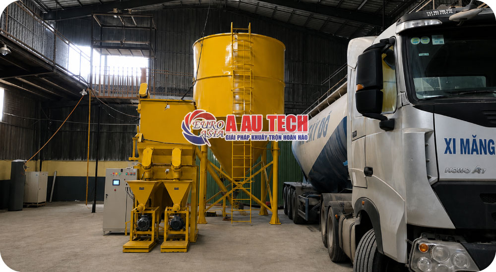 Hệ thống máy trộn 2 tầng kèm silo chứa 30 tấn